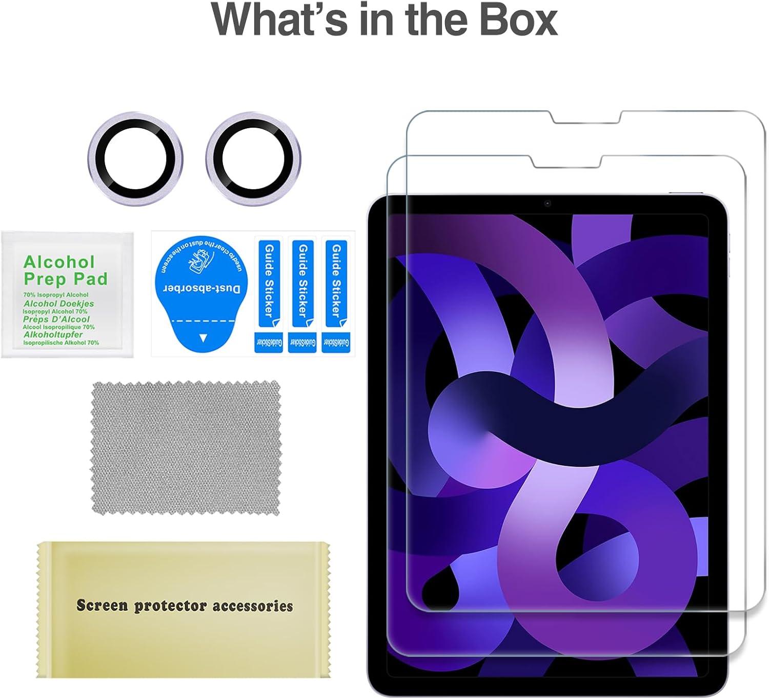 image:imageProCase 2 Pack Screen Protector for iPad Air 5th 4th Generation 109 2 Pack Camera Lens Protector 9H Hardness HD Clear Tempered Glass for iPad Air Gen 45 BluePurple
