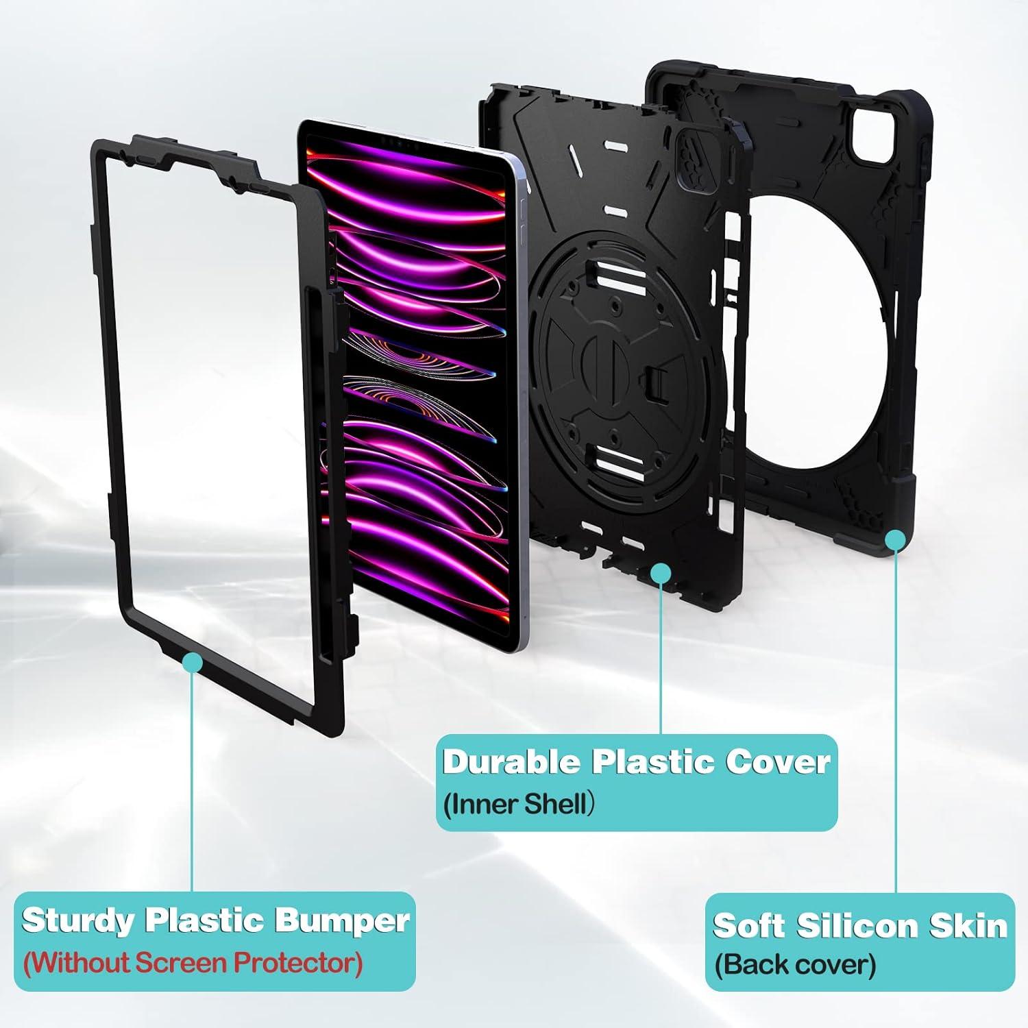 image:imageProCase for iPad Pro 129 Inch Case 2022 2021 2020 2018 Rugged Heavy Duty Shockproof Cover with Hand Strap Shoulder Strap for iPad Pro 129 6th 5th 4th 3rd Generation Black