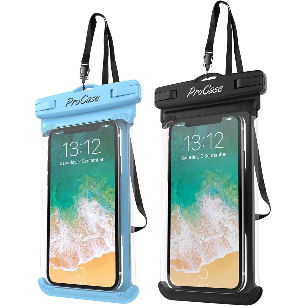 image:imageProCase 2 Pack Waterproof Phone Pouch Underwater Phone Case Up to 7 Dry Bag for iPhone 17 Air 16 15 14 13 Pro Plus Max Galaxy S24 S23 S22 Ultra Pixel Beach Essentials ClearBlueBlack