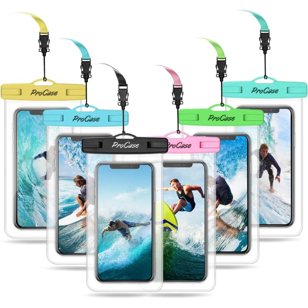 image:imageProCase 6 Pack Waterproof Phone Pouch Dry Bag Underwater Case for iPhone 16 15 14 13 12 11 Pro Plus Max Mini Xs XR X 8 7 Galaxy S23 S22 S21 Ultra Note up to 7 MixedBlack Blue Pink Green Yellow Teal