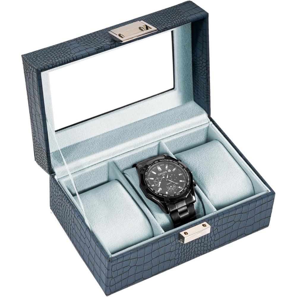 image:imageProCase Watch Box 3 Slot Mens Watch Case Watch Storage Holder Organizer Watch Display Case with Glass Lid Anniversary Birthday Valentine Gifts for Men Women 3 Slot BlackCrocCobaltBlue