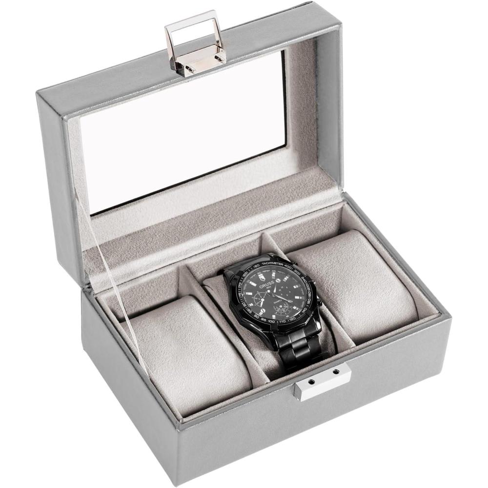 image:imageProCase Watch Box 3 Slot Mens Watch Case Watch Storage Holder Organizer Watch Display Case with Glass Lid Anniversary Birthday Valentine Gifts for Men Women 3 Slot BlackGrey