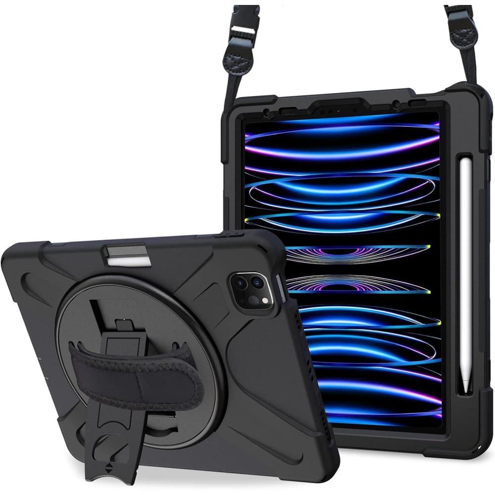 image:imageProCase for iPad Pro 11 Inch Case 2022 2021 2020 2018 Rugged Heavy Duty Shockproof Cover with Hand Strap Shoulder Strap for iPad Pro 11 4th 3rd 2nd 1st Generation Black