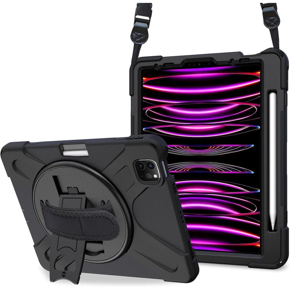 image:imageProCase for iPad Pro 129 Inch Case 2022 2021 2020 2018 Rugged Heavy Duty Shockproof Cover with Hand Strap Shoulder Strap for iPad Pro 129 6th 5th 4th 3rd Generation Black
