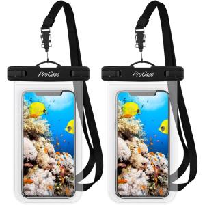 ProCase 2 Pack Waterproof Phone Pouch Case, 7″ Universal Underwater Cellphone Dry Bag for iPhone 17 Air 16 15 14 13 Pro Plus Max 12 11, Galaxy S24 S23 S22 Ultra Pixel -Black(Clear)