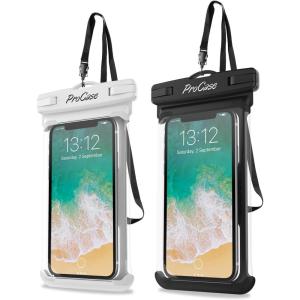 ProCase 2 Pack Waterproof Phone Pouch, Underwater Phone Case Up to 7″, Dry Bag for iPhone 17 Air 16 15 14 13 Pro Plus Max, Galaxy S24 S23 S22 Ultra Pixel, Beach Essentials -Clear(White/Black)