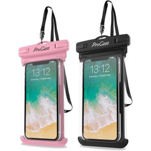 ProCase 2 Pack Waterproof Phone Pouch, Underwater Phone Case Up to 7″, Dry Bag for iPhone 17 Air 16 15 14 13 Pro Plus Max, Galaxy S24 S23 S22 Ultra Pixel, Beach Essentials -Clear(Pink/Black)