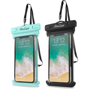 ProCase 2 Pack Waterproof Phone Pouch, Underwater Phone Case Up to 7″, Dry Bag for iPhone 17 Air 16 15 14 13 Pro Plus Max, Galaxy S24 S23 S22 Ultra Pixel, Beach Essentials -Clear(Green/Black)