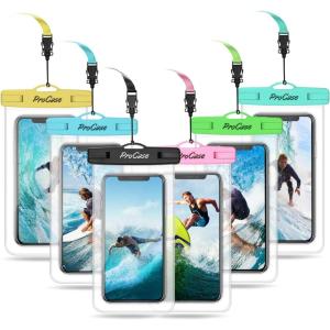 ProCase 6 Pack Waterproof Phone Pouch Dry Bag Underwater Case for iPhone 16 15 14 13 12 11 Pro Plus Max Mini Xs XR X 8 7, Galaxy S23 S22 S21 Ultra Note up to 7″ -Mixed(Black /Blue/ Pink /Green /Yellow /Teal)