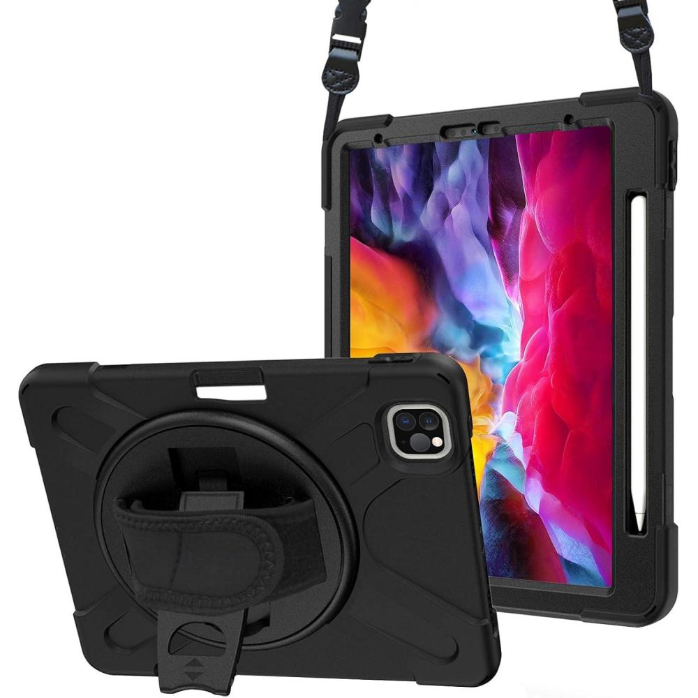 image:imageProCase iPad Pro 11 inch Case 2021 2020 2018 with Apple Pencil Holder Rugged Heavy Duty 360 Rotating Kickstand Protective Cover with Shoulder Strap for iPad Pro 11 3rd Gen 2nd Gen 1st Gen Black