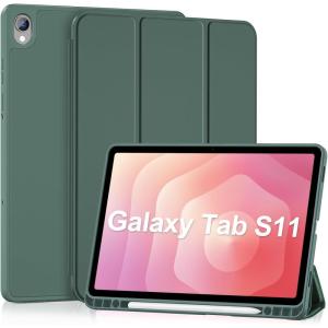 ProCase Smart Case for Samsung Galaxy Tab S11 11-Inch 2025 (SM-X730/SM-X736B) with S Pen Holder, Tri-Fold Stand Cover with Soft TPU Back, Auto Wake/Sleep -Black(Mgreen)