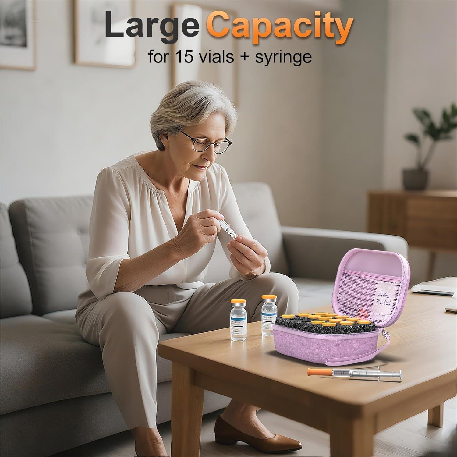 image:imageProCase 15 Slots Insulin Vial Holder for Fridge Peptide Travel Storage Hard Carrying Case for Standard 10ml U100 Vials Bottles Diabetic Supplies Kits Organizer Container with Hand Strap BlackPurple