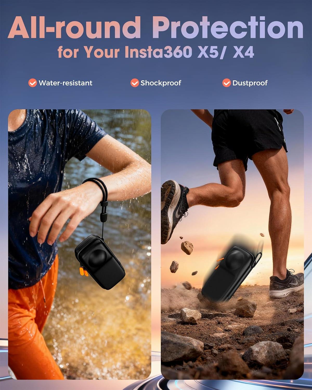 image:imageProCase Carrying Case for Insta360 X5 X4 for Cage and Lens Cap Portable Travel Hard Shell Protective Case Included Wrist Strap Carabiner for Insta 360 X4 X5 Accessories OrangeBlack