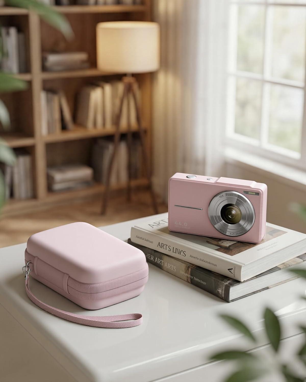 image:imageProCase Digital Camera Case for CAMKORYLecranLecnippyFroitxaycyFJFJOPKKODAK PIXPRO FZ55FZ45 4K Vlogging Camera Compact Hard Storage Travel Bag with Mesh Pocket for Batteries SD Card CreamLight Pink