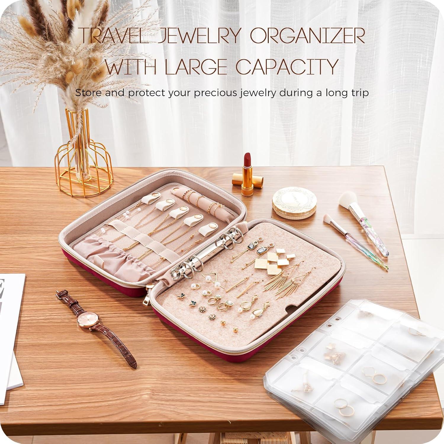 image:imageProCase Large Travel Jewelry Organizer Case Jewellery Home Storage Book Ring Binder with Clear Pockets for Presentation Zippered Pouch Bag for Earrings Necklaces Bracelets BlackWine