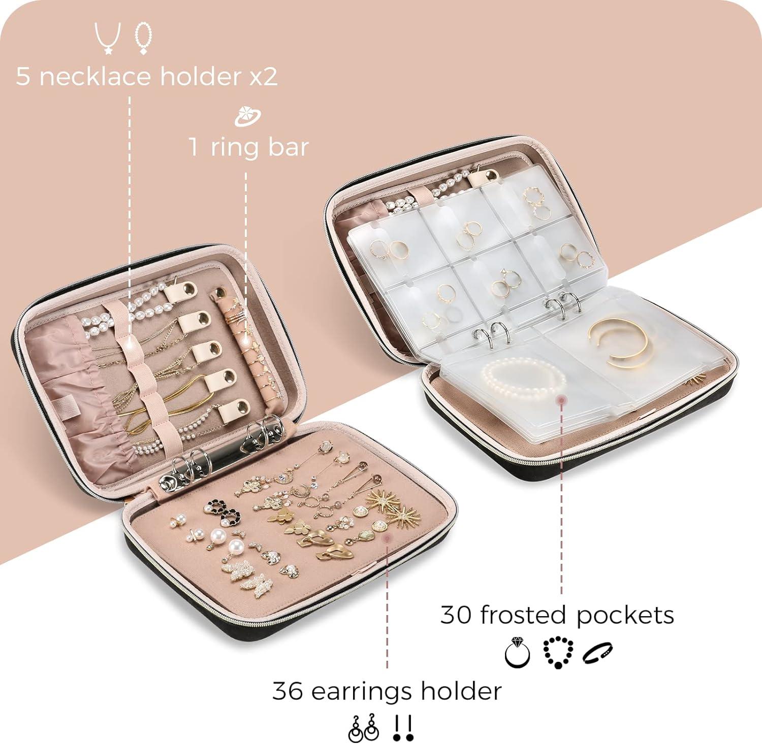 image:imageProCase Large Travel Jewelry Organizer Case Jewellery Home Storage Book Ring Binder with Clear Pockets for Presentation Zippered Pouch Bag for Earrings Necklaces Bracelets BlackBlack