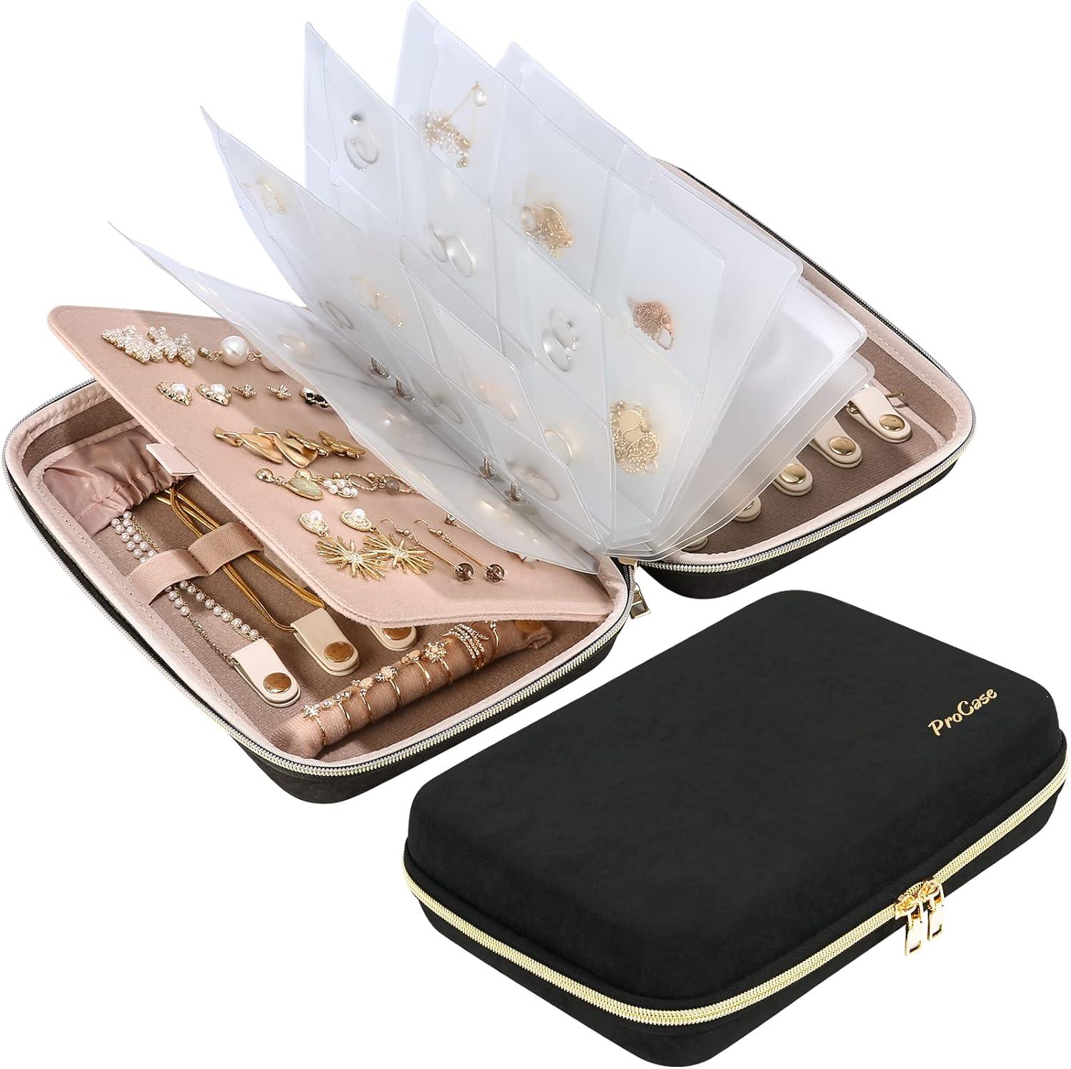 image:imageProCase Large Travel Jewelry Organizer Case Jewellery Home Storage Book Ring Binder with Clear Pockets for Presentation Zippered Pouch Bag for Earrings Necklaces Bracelets BlackBlack