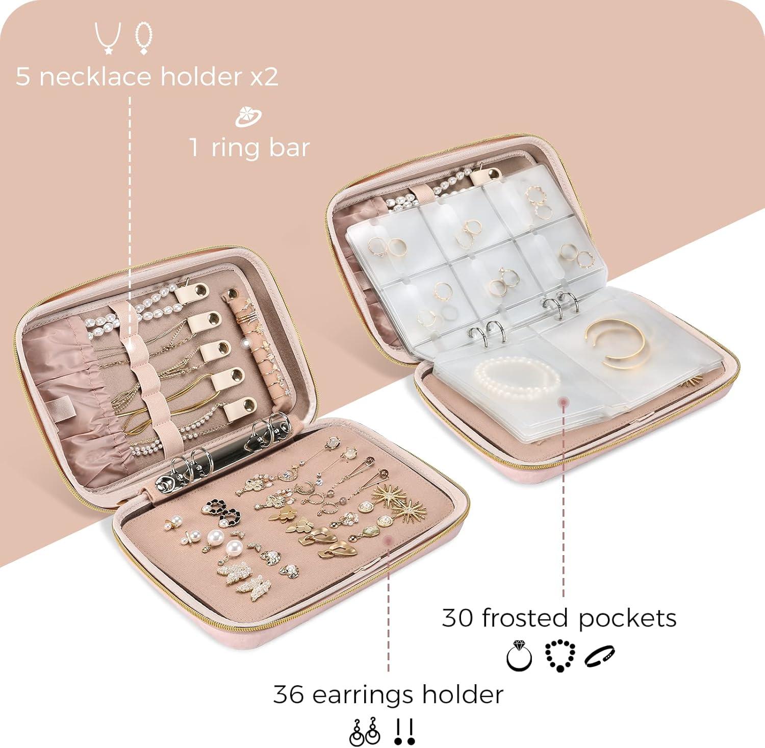 image:imageProCase Large Travel Jewelry Organizer Case Jewellery Home Storage Book Ring Binder with Clear Pockets for Presentation Zippered Pouch Bag for Earrings Necklaces Bracelets BlackPink