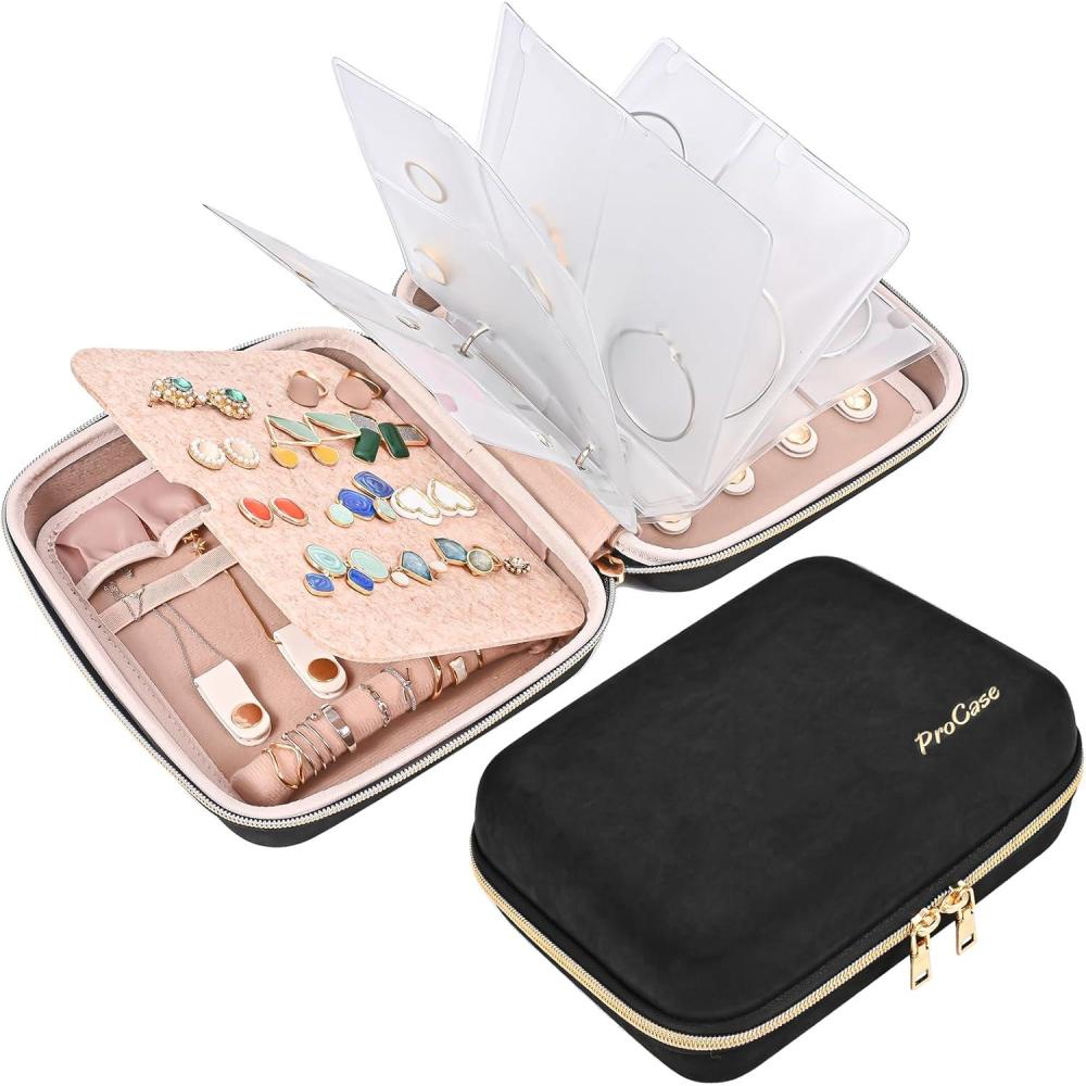 image:imageProCase Large Travel Jewelry Organizer Case Jewellery Home Storage Book Ring Binder with Clear Pockets for Presentation Zippered Pouch Bag for Earrings Necklaces Bracelets BlackBlack