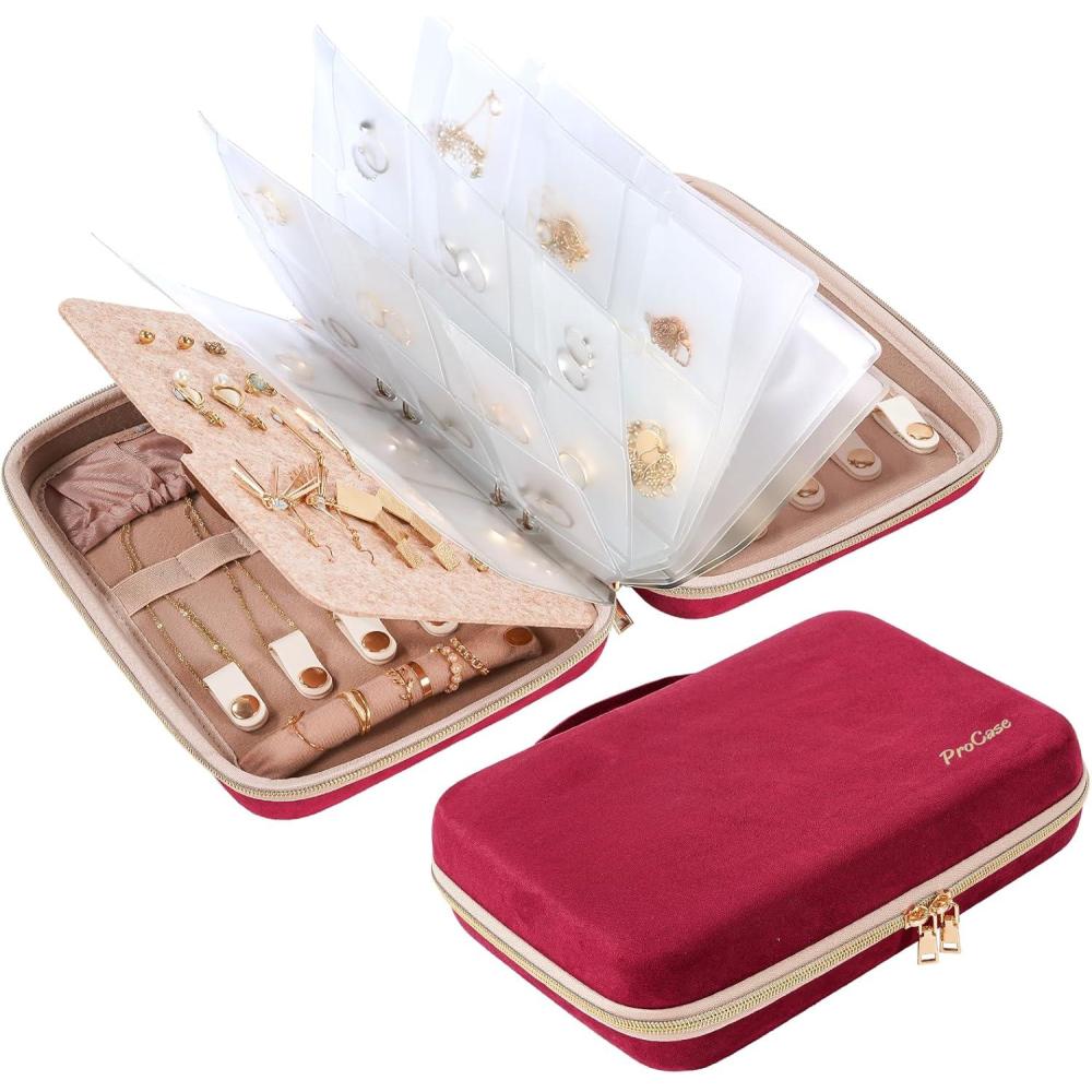 image:imageProCase Large Travel Jewelry Organizer Case Jewellery Home Storage Book Ring Binder with Clear Pockets for Presentation Zippered Pouch Bag for Earrings Necklaces Bracelets BlackWine