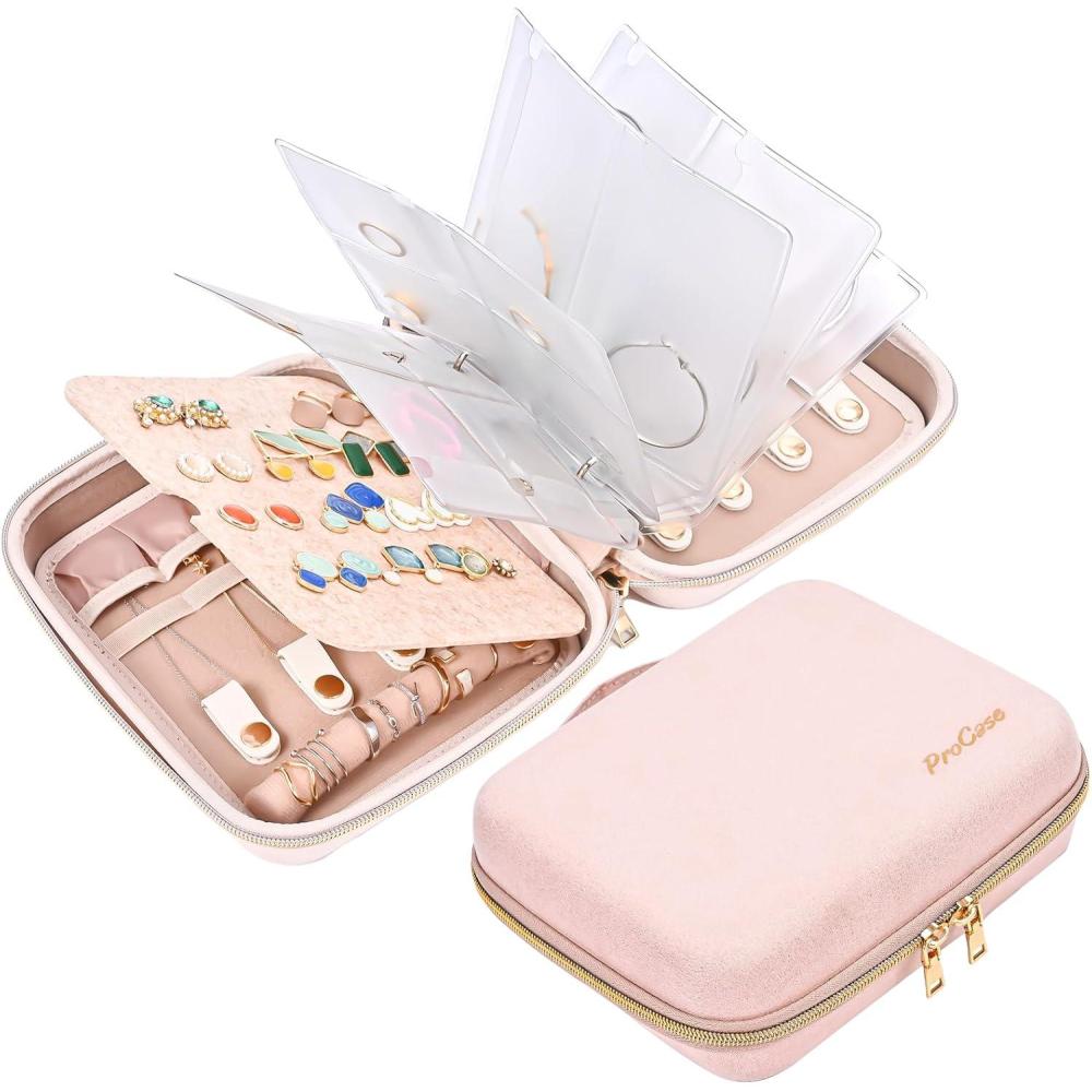 image:imageProCase Large Travel Jewelry Organizer Case Jewellery Home Storage Book Ring Binder with Clear Pockets for Presentation Zippered Pouch Bag for Earrings Necklaces Bracelets BlackPink