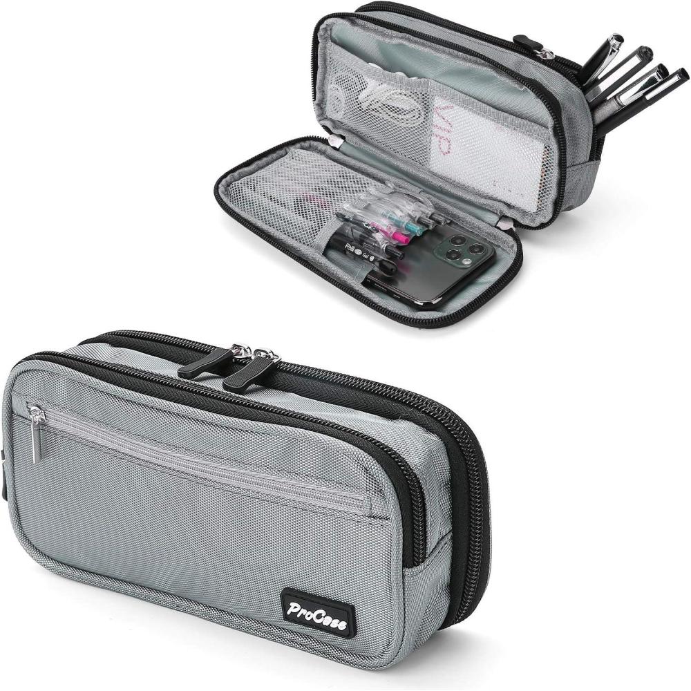 image:imageProCase Pencil Case Pen Bag Two Layers Big Capacity Pencil Pouch Pen Organizer Durable Stationery Holder for Marker Organization School Supplies Office Storage Desk OrganizingGrey