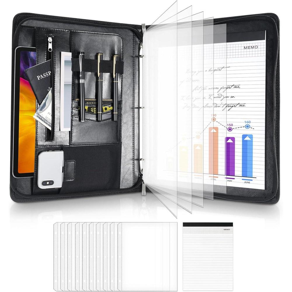 image:imageProCase Portfolio 3 Ring Padfolio Folder Organizer PU Leather Business Planner A4 Notepad Zipper File Binder Clipboard Removable Document Sleeve for Resume Interview Meeting Black