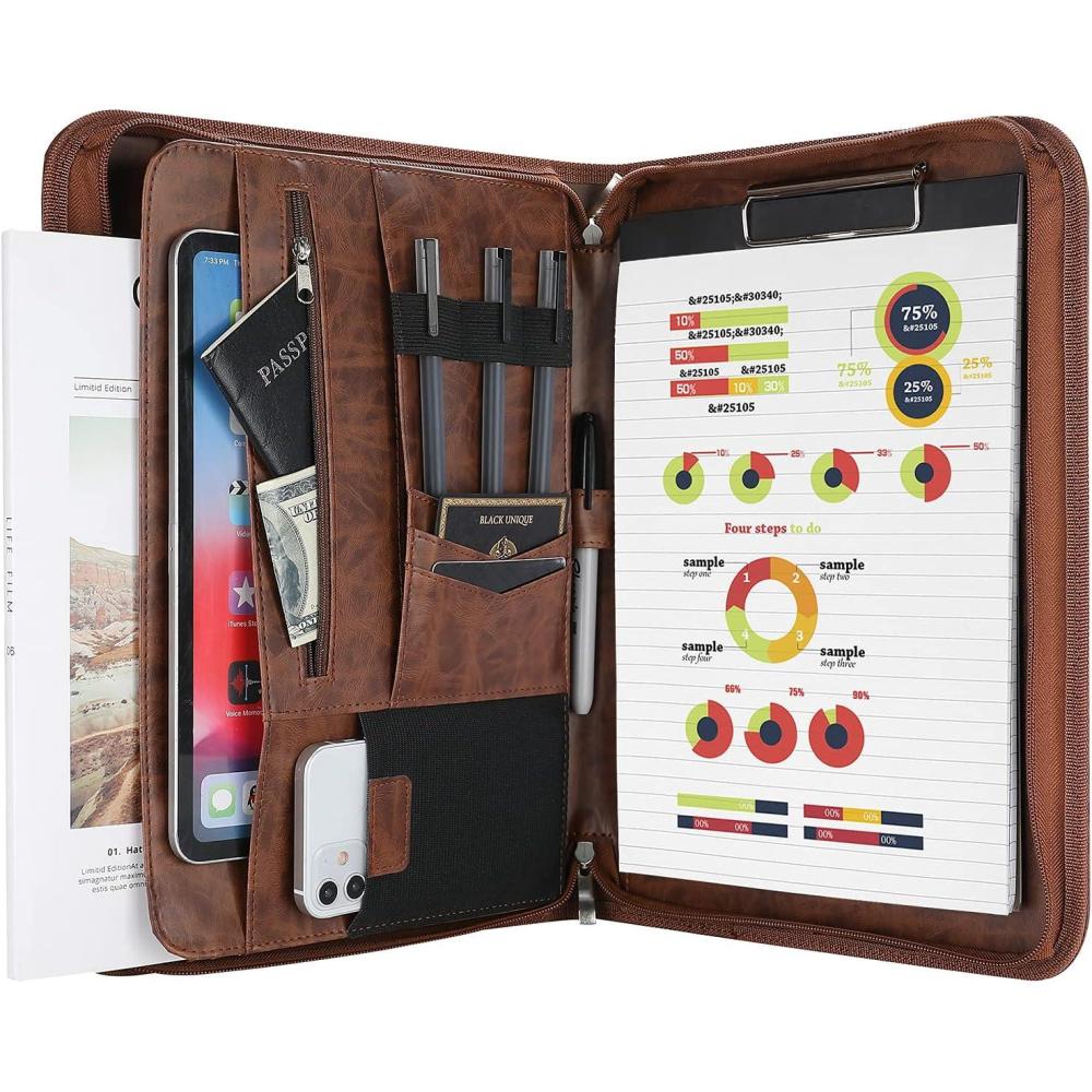 image:imageProCase Portfolio Business Padfolio Folder with Zipper Conference Meeting Executive File Legal Document Organizer with Pockets Letter Size A4 Writing Pad Notepad Padfolio NavyBrown