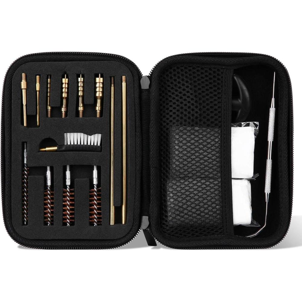 image:imageProCase Universal Handgun Cleaning Kit for 22 357 38 9mm 40 45 Caliber Pistol Zippered Compact Case with Brass Brush Jag Slotted Tip Cleaning Pick Cleaning Rod and Cleaning PatchesBlack