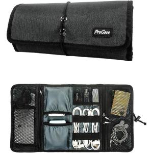 ProCase Electronic Organizer Cord Pouch, Travel Cable Charger Phone Accessories Bag Organizer Roll up Tech Carrying Case for USB Cables SD Memory Cards Earphone Flash Hard Drive –Black(Black)