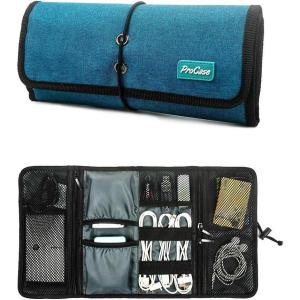 ProCase Electronic Organizer Cord Pouch, Travel Cable Charger Phone Accessories Bag Organizer Roll up Tech Carrying Case for USB Cables SD Memory Cards Earphone Flash Hard Drive –Black(Green)