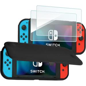 ProCase Flip Cover for Nintendo Switch Case with 2 Pack Tempered Glass Screen Protectors, Detachable Front Cover Protective Case for Nintendo Switch 2017 -Black