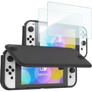 ProCase Flip Cover for Nintendo Switch OLED with 2 Pack Tempered Glass Screen Protectors, Slim Protective Case with Magnetically Detachable Front Cover for Nintendo Switch OLED 2021 -Black(Black)
