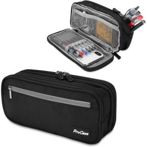 ProCase Pencil Case Pen Bag, Two Layers Big Capacity Pencil Pouch Pen Organizer Durable Stationery Holder for Marker Organization School Supplies Office Storage Desk Organizing(Black)