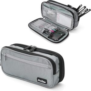 ProCase Pencil Case Pen Bag, Two Layers Big Capacity Pencil Pouch Pen Organizer Durable Stationery Holder for Marker Organization School Supplies Office Storage Desk Organizing(Grey)