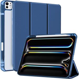 ProCase Smart Case for iPad Pro 11 Inch M5 2025/M4 2024 with Pencil Holder, Clear Back Slim Tri-fold Folio Stand Shell Tablet Cover for iPad Pro 11″ 6th/5th Gen -Black(Navy)