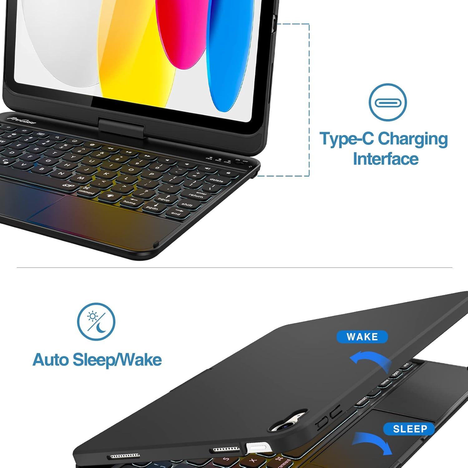 image:imageProCase 360 Rotation iPad A16 11th 2025 iPad 10th Generation Keyboard Case with MultiTouch Trackpad 7 Color Backlit Touchpad Keyboard Case for 11th10th Gen 11109 inch Black