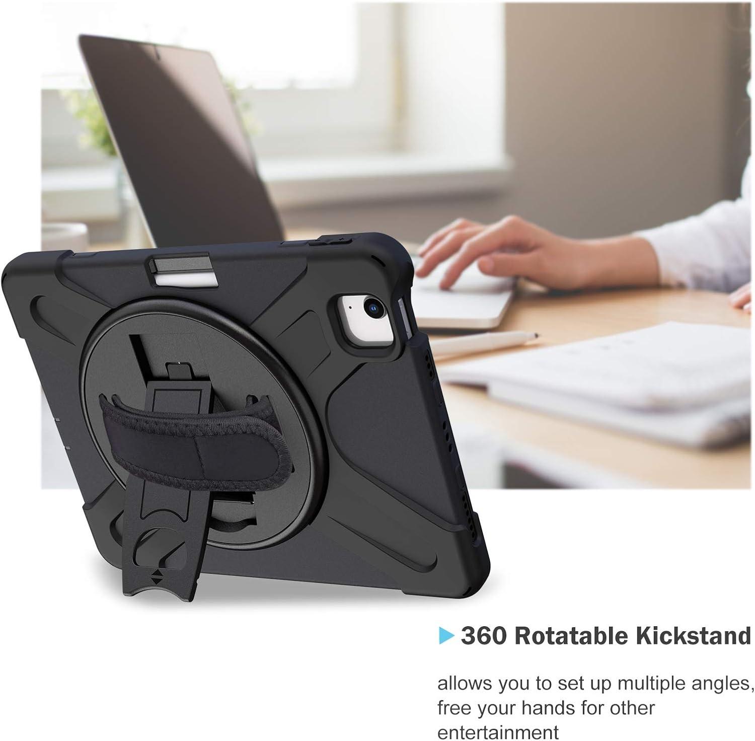 image:imageProCase Rugged Case for iPad Air 11 inch M2 2024 Air 5th 4th Gen 109 Heavy Duty Shockproof Cover with Hand Strap 360 Degree Rotatable Kickstand BlackBlack
