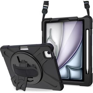 ProCase Rugged Case for iPad Air 11 inch (M2) 2024/ Air 5th / 4th Gen 10.9″, Heavy Duty Shockproof Cover with Hand Strap 360 Degree Rotatable Kickstand -Black(Black)