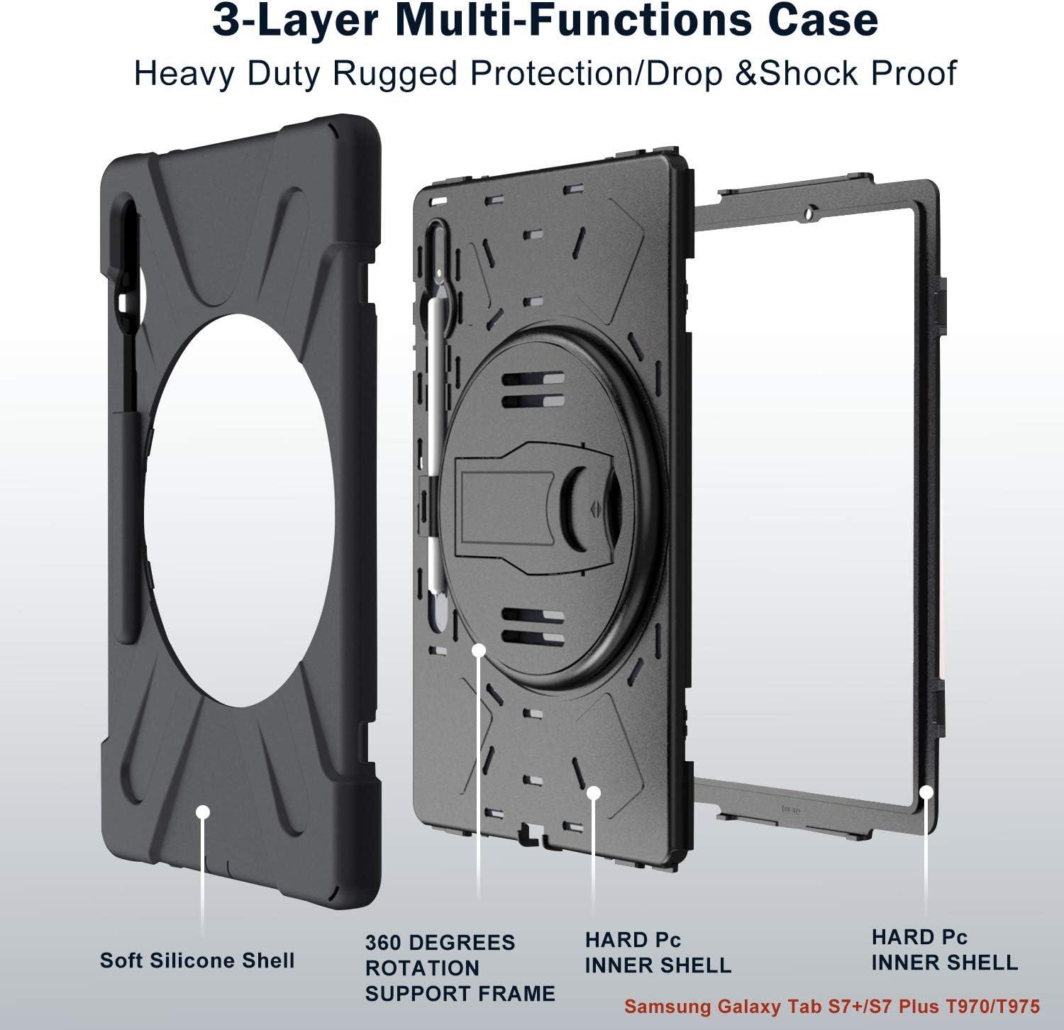 image:imageProCase Galaxy Tab S8 Plus 2022 S7 Plus 124 2020 Case with S Pen Holder Model SMX800X806T970T975 Rugged Heavy Duty Shockproof Case with Hand Strap Rotating Kickstand Protective CoverBlack